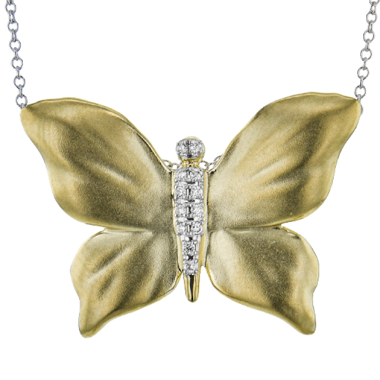 This stunning 18K YG butterfly pendant has a matte finish and is accented by 0.05 ctw of diamonds, on a white gold chain