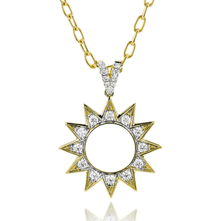 A Celestial themed diamond pendant in 18K yellow gold shines with 0.85 ctw of diamonds, on an open link chain 19