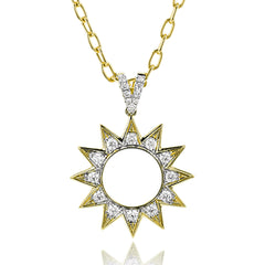 A Celestial themed diamond pendant in 18K yellow gold shines with 0.85 ctw of diamonds, on an open link chain 19