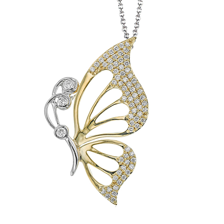 This modern two tone diamond encrusted butterfly pendant features .44 ctw of white diamonds on an adjustable 19 chain