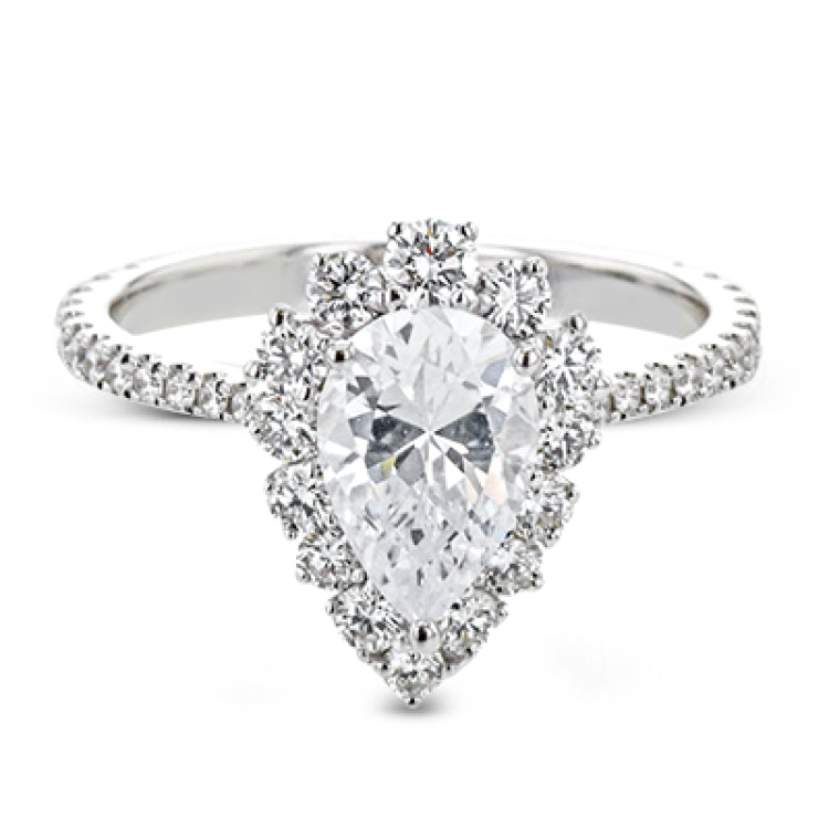 This Supernova Collection engagement ring is built specially for a pear-shaped center stone, with a wonderful halo of diamonds twinkling like starry skies.