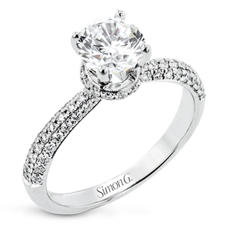 18K white gold enagement rings with .43cttw micro pave set diamonds including an under halo design. (*center stone sold separately)