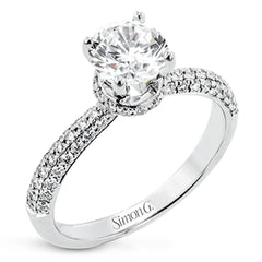18K white gold enagement rings with .43cttw micro pave set diamonds including an under halo design. (*center stone sold separately)
