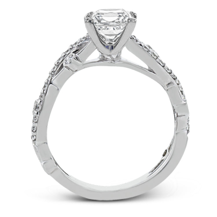 This distinctive, dynamic ring with an intertwined design is specially crafted for an emerald shaped center stone.