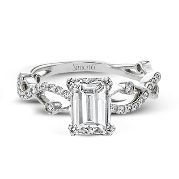 This distinctive, dynamic ring with an intertwined design is specially crafted for an emerald shaped center stone.