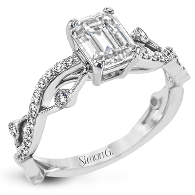 This distinctive, dynamic ring with an intertwined design is specially crafted for an emerald shaped center stone.