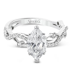 A unique twisting design on the band makes this engagement ring stand out from the rest. This particular style is made to perfect hold a marquise shaped center stone.