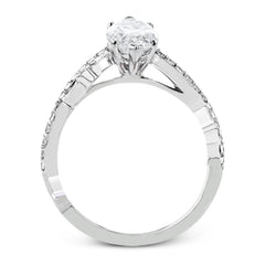 A unique twisting design on the band makes this engagement ring stand out from the rest. This particular style is made to perfect hold a marquise shaped center stone.