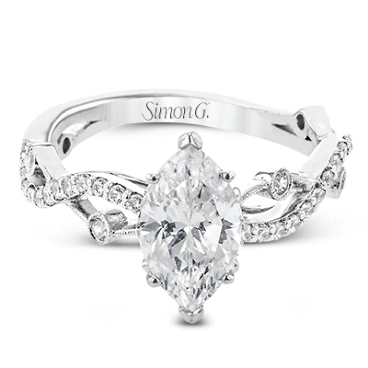 A unique twisting design on the band makes this engagement ring stand out from the rest. This particular style is made to perfect hold a marquise shaped center stone.