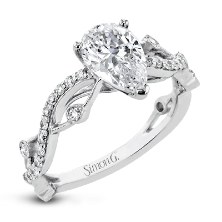 This unique 18k white gold engagement ring features .22 ctw of white diamonds in an interwoven design.