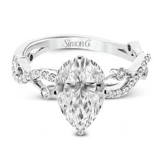 This unique 18k white gold engagement ring features .22 ctw of white diamonds in an interwoven design.