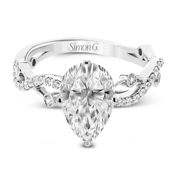 This unique 18k white gold engagement ring features .22 ctw of white diamonds in an interwoven design.
