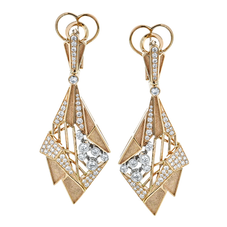 Surfaces of 18k rose gold and 1.25 ctw of diamonds hang suspended in air like crystallized art deco architecture in these distinctive earrings. Part of our Folded Geometry line, these earrings showcase unique design and the utmost craftsmanship.