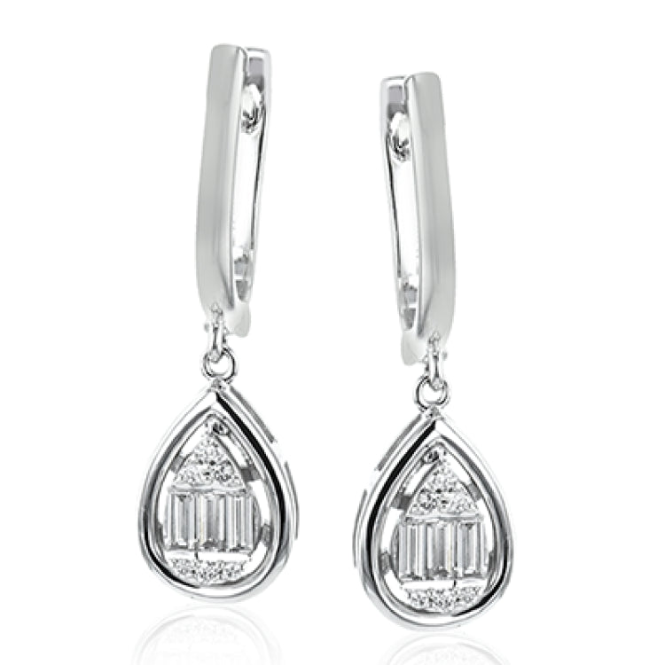 These WG teardrop dangle earrings are gleaming with round and baguette diamonds 0.06 D, 0.27 BG and are suitable for everyday wear