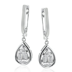 These WG teardrop dangle earrings are gleaming with round and baguette diamonds 0.06 D, 0.27 BG and are suitable for everyday wear