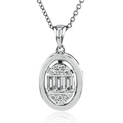 A one-of-a-kind diamond pendant features perfectly cut baguettes 0.27 ctw, and round brilliant diamonds .07 ctw, suspended in an oval shaped gold casing on 19” chain