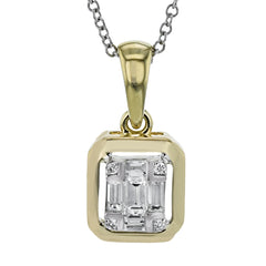 This 18k white and yellow gold pendant is the perfect touch to any ensemble, with a rectangular mosaic made up of .02 ctw round diamonds and .22 ctw baguette shaped diamonds.