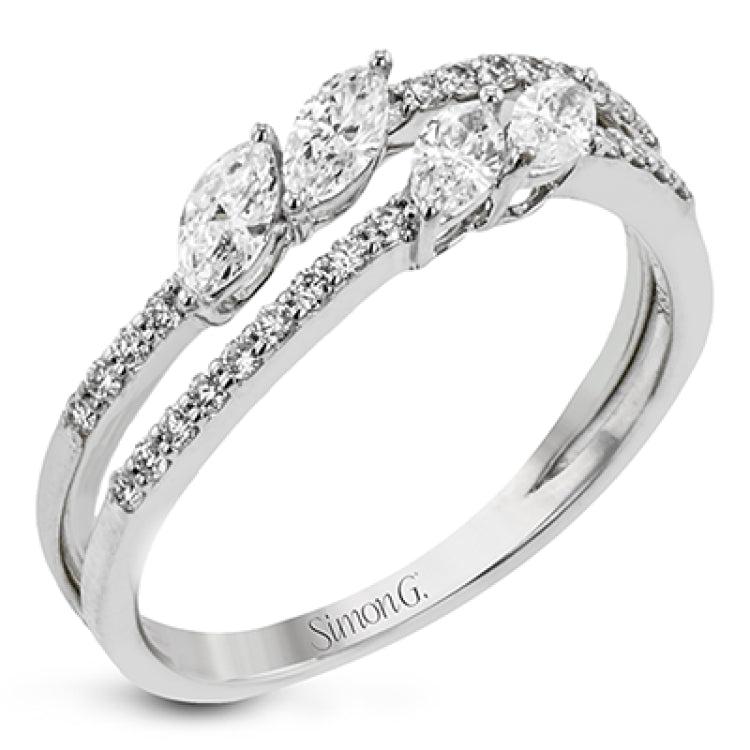 A double layer of diamonds, please! This lovely 18k gold ring is set with two rows of diamonds with four marquise cut diamonds as the main attraction.