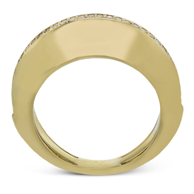 Smooth 18k yellow gold is accentuated by a central line of .23 ctw of glimmering white diamonds in this modern ring that adds the perfect touch of luxury to every day.