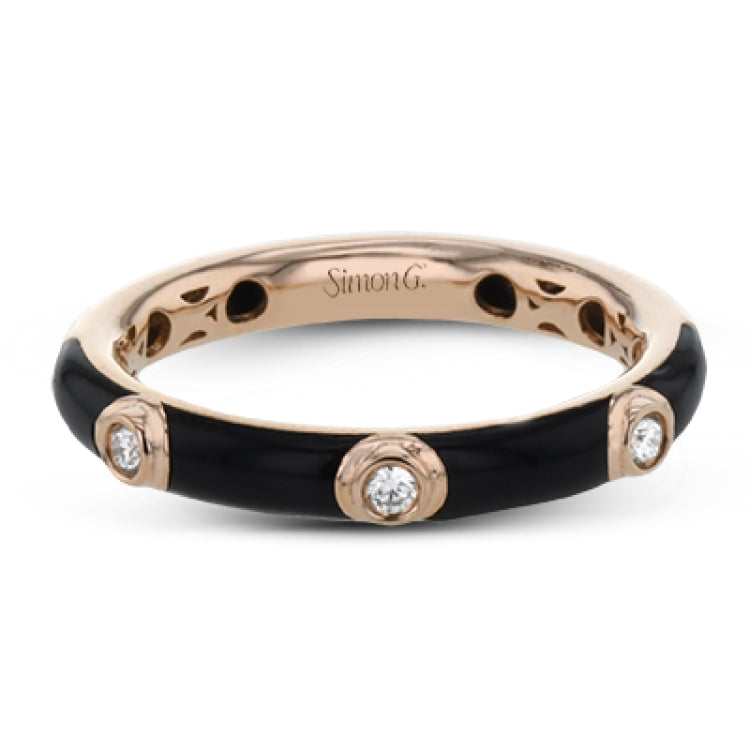 A sleek modern classic, this 18k gold and enamel ring contains .07 ctw of bezel set white diamonds.