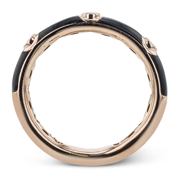 A sleek modern classic, this 18k gold and enamel ring contains .07 ctw of bezel set white diamonds.