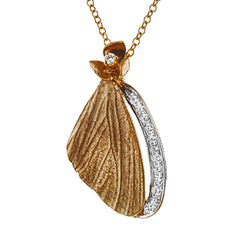 A delicate butterfly's wing crafted in rose gold is the centerpiece of this pendant, accented by a row of .11 ctw of white diamonds.