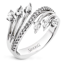 Lines of diamonds and gold wrap around your finger in this dynamic ring which combines round and pear shaped diamonds.
