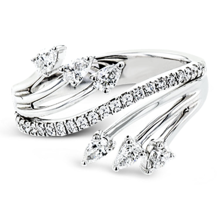 Lines of diamonds and gold wrap around your finger in this dynamic ring which combines round and pear shaped diamonds.