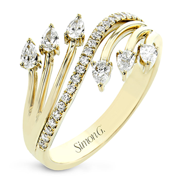 Lines of diamonds and gold wrap around your finger in this dynamic ring which combines round and pear shaped diamonds.