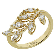 18K yellow gold fashion ring from our nature collection, in a leaf design is sprinkled with diamonds 0.45 ctw., representing morning dew.