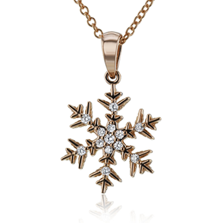 Outshine the brightest winter snow in this sparkling snowflake pendant crafted from 18k white gold and set with .07 ctw of white diamonds.