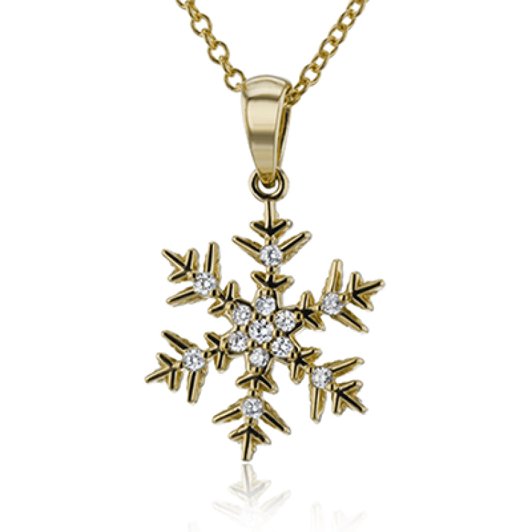 Outshine the brightest winter snow in this sparkling snowflake pendant crafted from 18k white gold and set with .07 ctw of white diamonds.