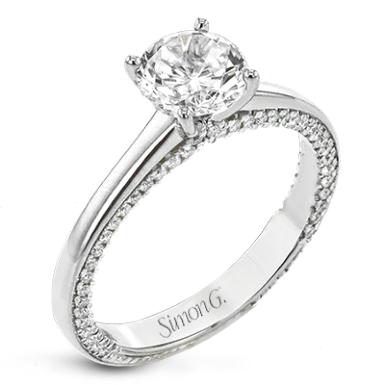While lines of diamonds extending down both sides of this engagement ring, the round center stone is enhanced by the pure beauty of the 18k white gold on top.