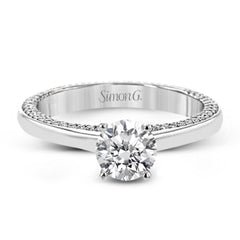 While lines of diamonds extending down both sides of this engagement ring, the round center stone is enhanced by the pure beauty of the 18k white gold on top.