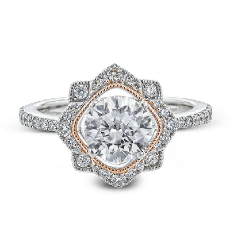 This detailed 18k white and rose gold ring design features .43 ctw of white diamonds.