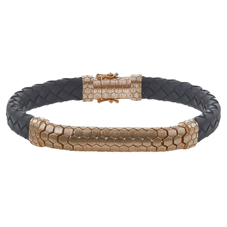 This modern men's bracelet combines black leather and 14k rose gold to make a bold statement.