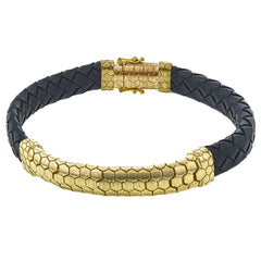 This modern men's bracelet combines black leather and 14k rose gold to make a bold statement.