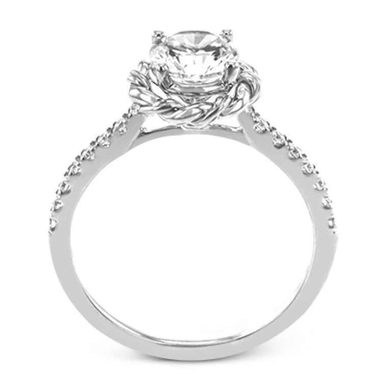 This ring is certainly a twist on a classic, with the band and halo formed from two tones of 18k gold twisted together, and the engagement ring set with .18 ctw of diamonds.