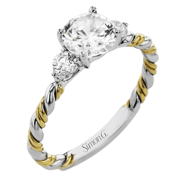 Wrap this ring around your finger for a distinctive style statement sure to stand the test of time- yellow and white 18k gold twisted together with .24 ctw of white diamond side stones.