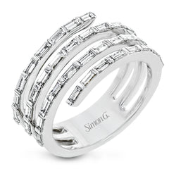 Baguette diamonds set into horizontal rows give this ring a unique look, like multiple rings stacked.