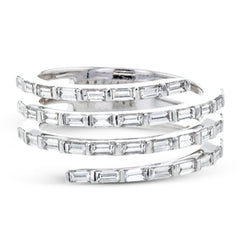 Baguette diamonds set into horizontal rows give this ring a unique look, like multiple rings stacked.