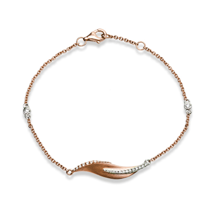 This nature-inspired 18k rose gold bracelet contains .20 ctw of diamonds in a leaf design.