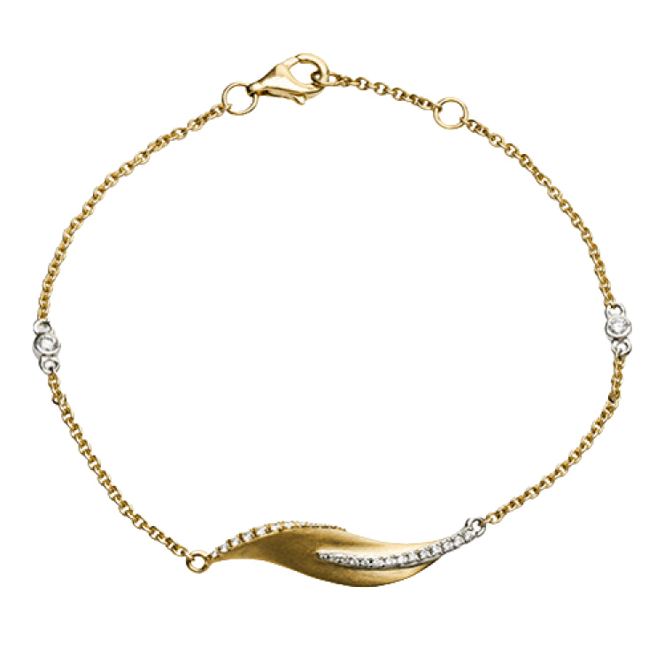 This nature-inspired 18k yellow gold bracelet contains .20 ctw of diamonds in a leaf design.