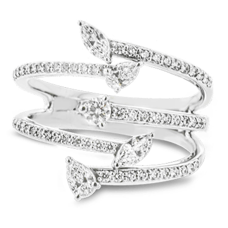 This geometric ring showcases .43 ctw of round diamonds, .08 ctw marquise accents, and one .07 ct of pear shaped diamond.
