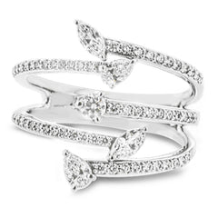 This geometric ring showcases .43 ctw of round diamonds, .08 ctw marquise accents, and one .07 ct of pear shaped diamond.