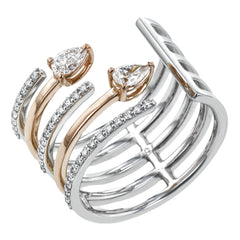 This two-tone 18k gold fashion ring features a multi-layered design set with .21 ctw round diamonds and .32 ctw pear shaped diamonds.
