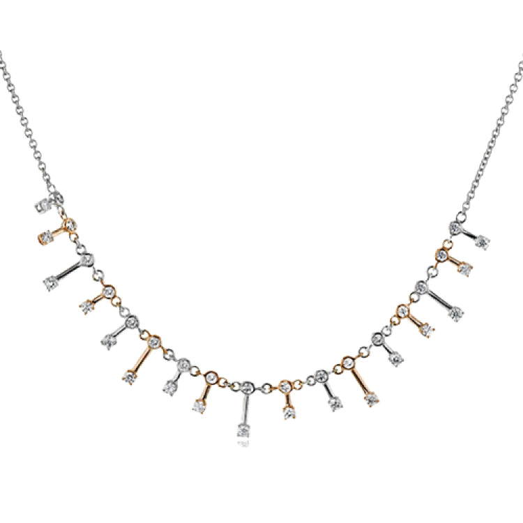 This delicate two-tone necklace of 18K white and rose gold, sparkles in an icicle motif with 0.65 ctw of diamonds.