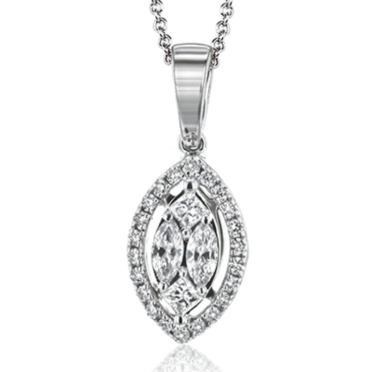 This lustrous pendant has a center composed of marquise diamonds 0.12 ctw, and princess cut diamonds 0.08 ctw. surrounded by a halo of round diamonds 0.09 ctw on a 19” chain