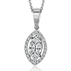 This lustrous pendant has a center composed of marquise diamonds 0.12 ctw, and princess cut diamonds 0.08 ctw. surrounded by a halo of round diamonds 0.09 ctw on a 19” chain