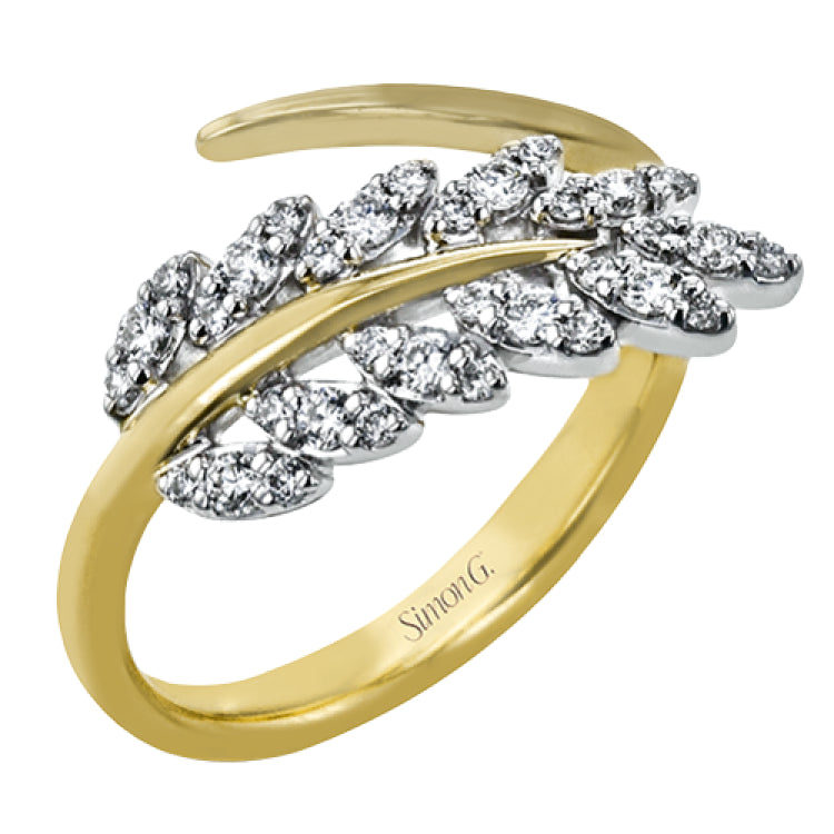 A sparkling leaf is crafted from two tones of gold in this remarkable ring that is set with .30 ctw of white diamonds.
